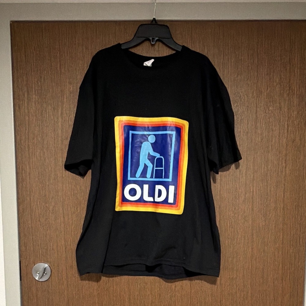 Men's Black Funny Graphic Print "OLDI" Crew Neck Short Sleeve Tee Size L